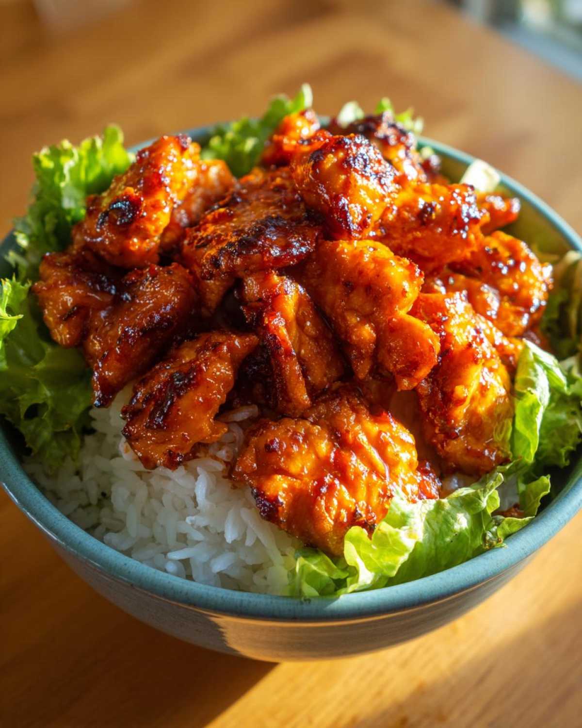 Close-up of glazed, spicy harissa chicken pieces served over white rice and fresh lettuce in a teal bowl.