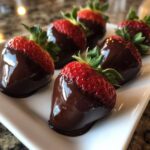 Close-up of several glossy chocolate covered strawberries arranged on a white serving dish.