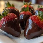 Close-up of several glossy chocolate covered strawberries with bright red tops and green stems resting on a white serving dish.