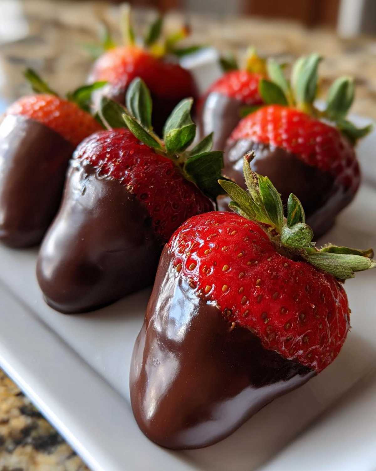 Close-up of several glossy chocolate covered strawberries arranged on a white rectangular plate.