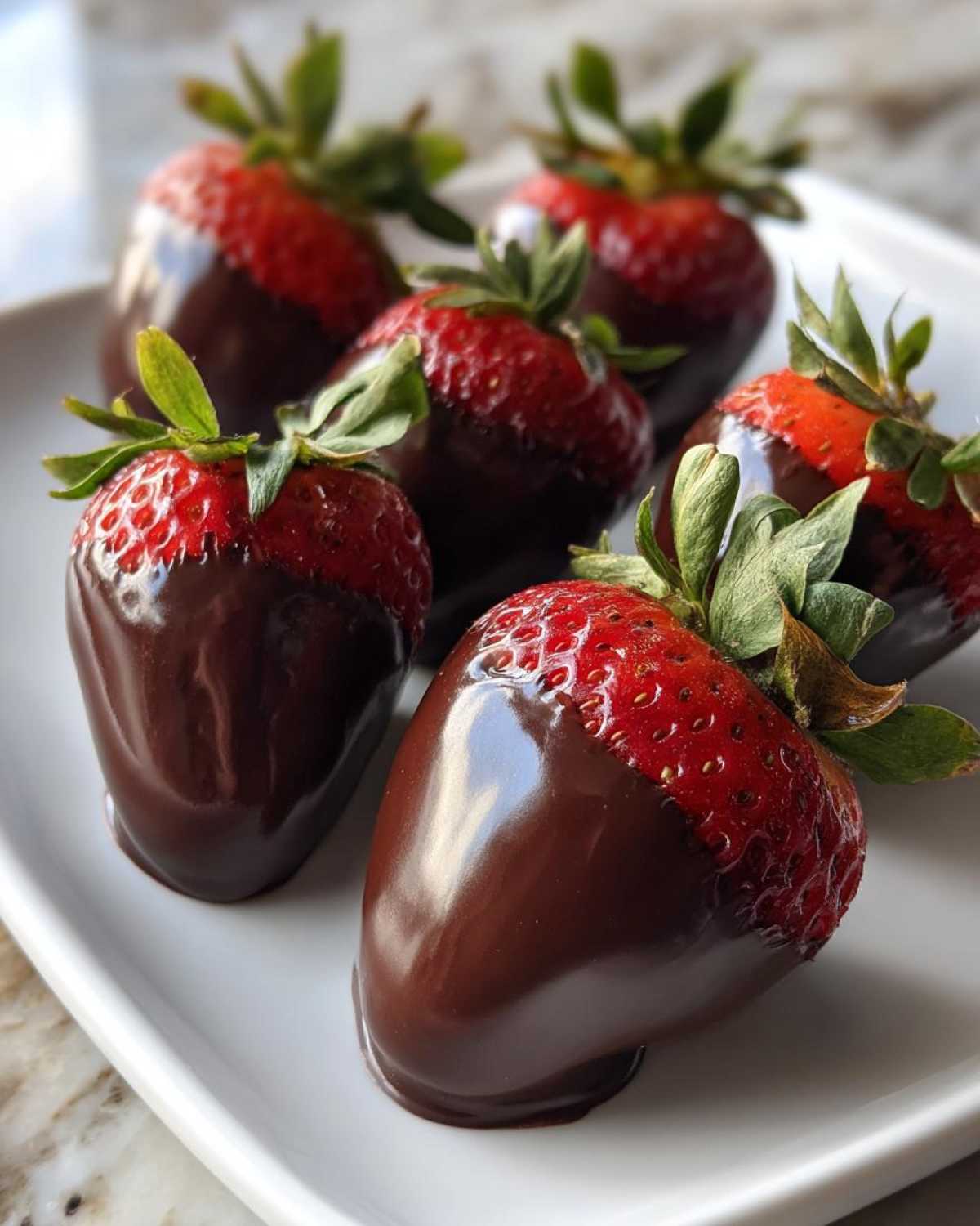 Close-up of several glossy chocolate covered strawberries arranged on a white serving dish.