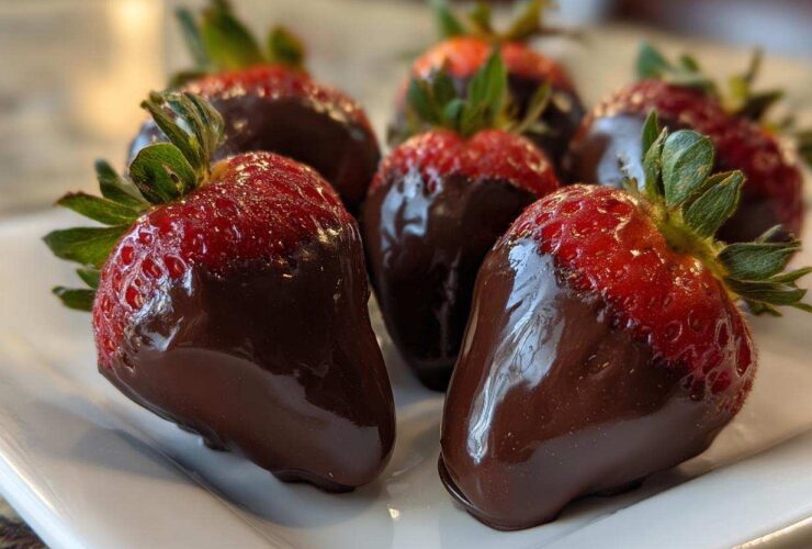 Close-up of several glossy chocolate covered strawberries with bright red tops and green stems resting on a white serving dish.