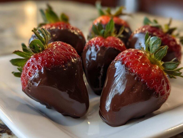 Close-up of several glossy chocolate covered strawberries with bright red tops and green stems resting on a white serving dish.