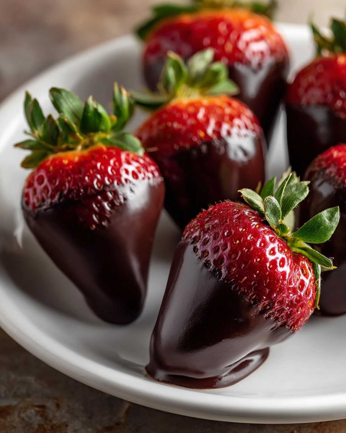 Close-up of several glossy chocolate covered strawberries resting on a white serving plate.