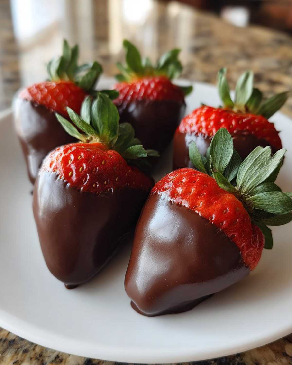 Close-up of five perfectly glossy chocolate covered strawberries with vibrant red tops and green stems resting on a white plate.