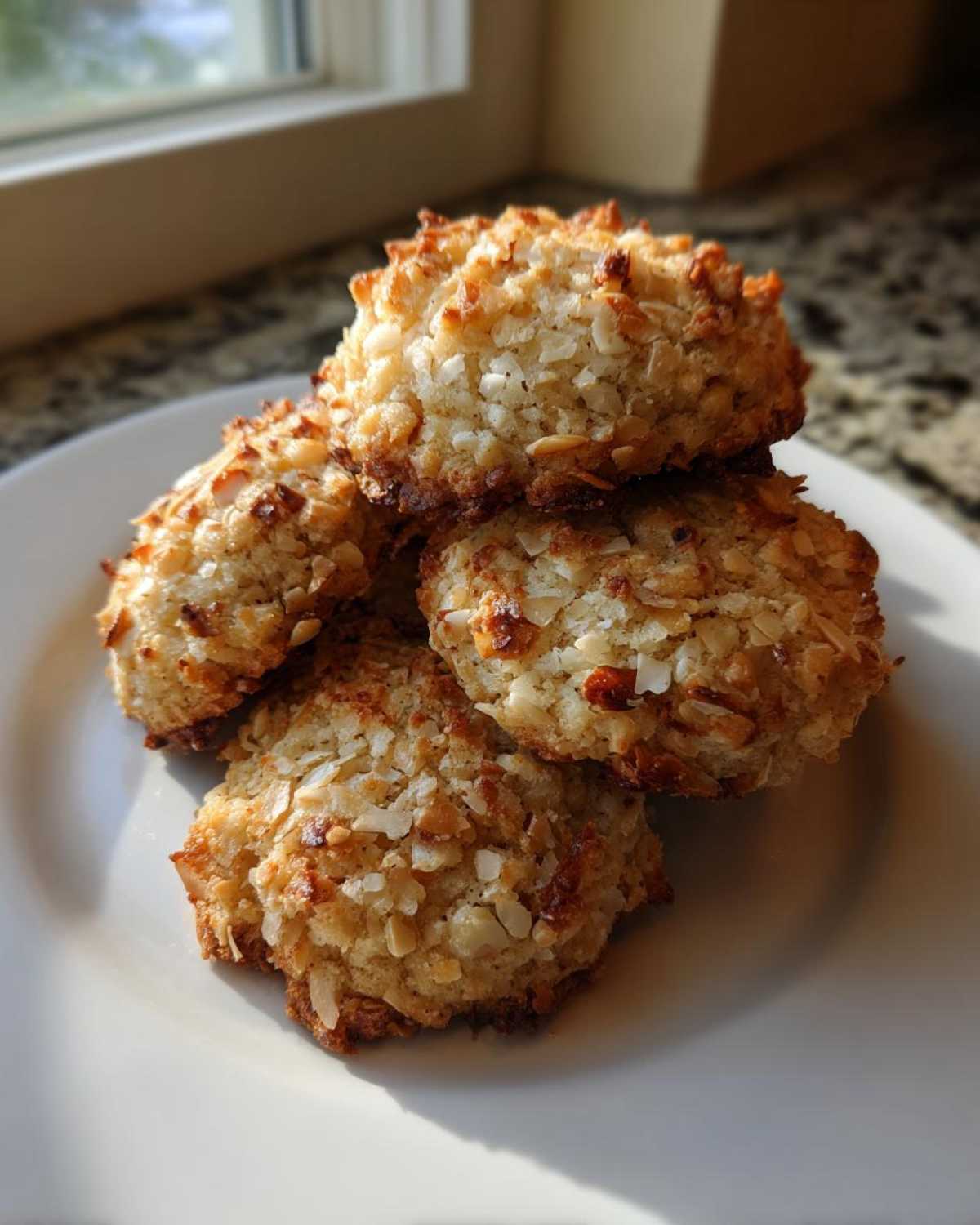Four golden-brown almond joy cookies piled on a white plate, showing toasted coconut texture.