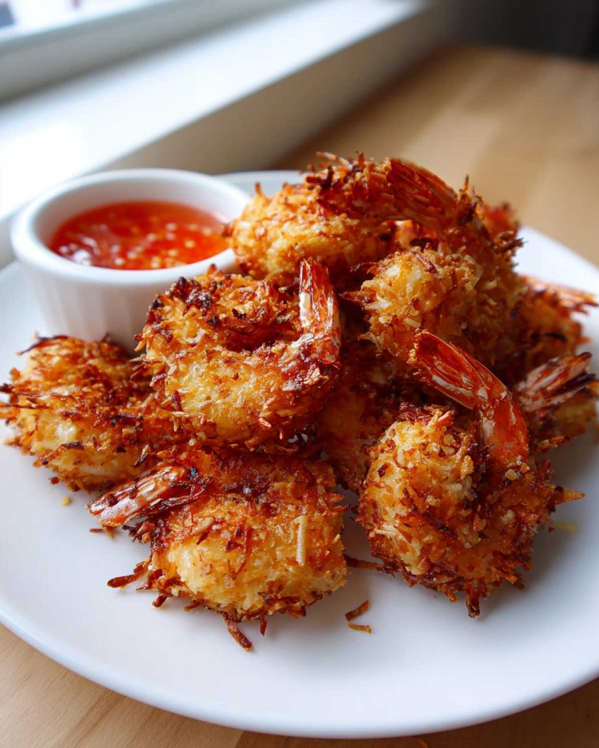 A plate piled high with crispy, golden brown coconut shrimp served with a side of sweet chili dipping sauce.