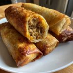 Close-up of several crispy, golden brown egg roll appetizers stacked on a white plate, one is cut open showing the savory meat filling.