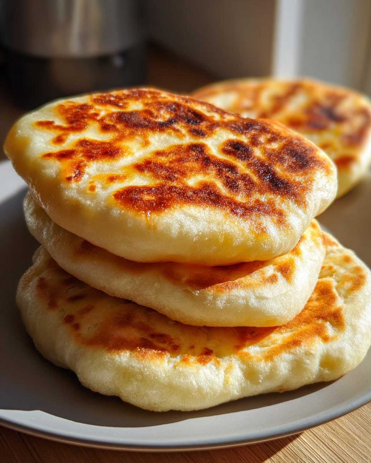 Close-up of three golden brown, fluffy homemade pita bread pockets stacked on a grey plate.