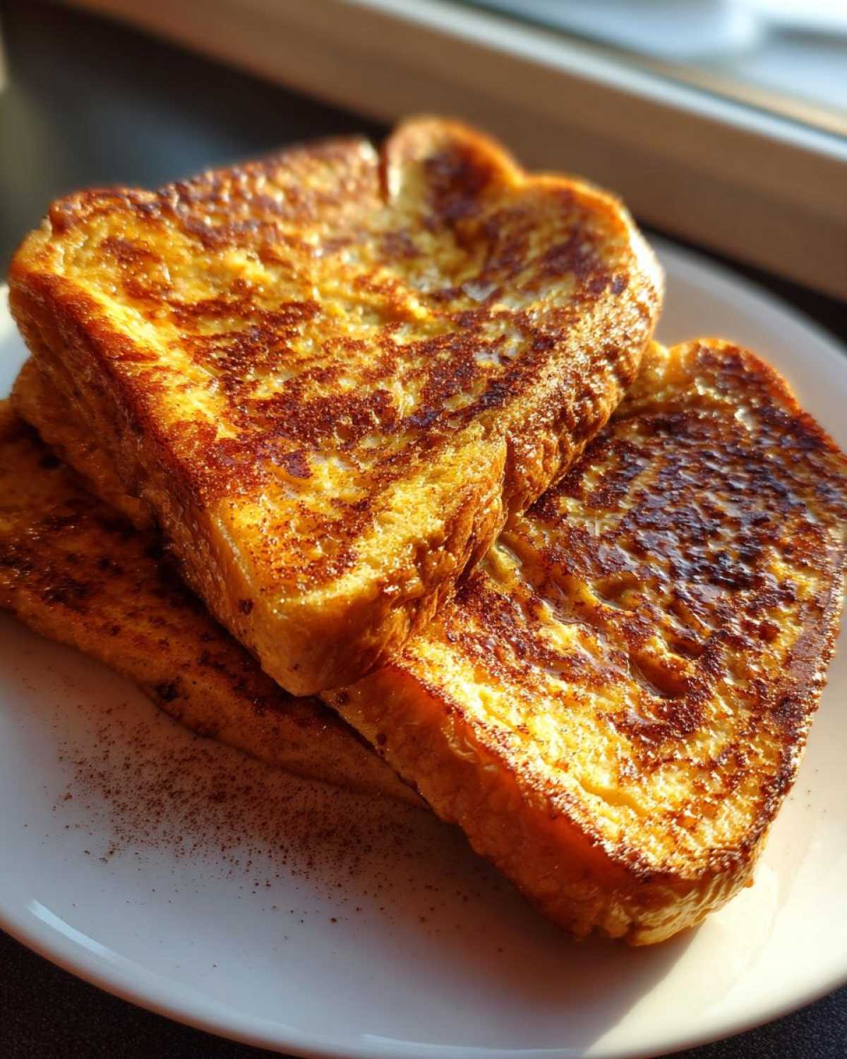 Three slices of golden brown sourdough french toast stacked on a white plate, dusted lightly with cinnamon.