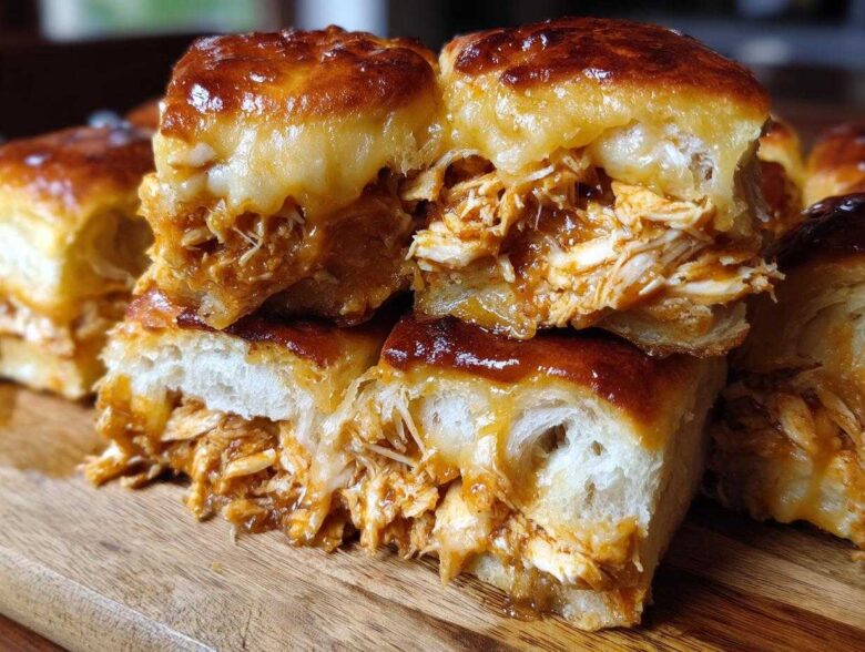 Close-up of gooey, cheesy bbq chicken sliders stacked on a wooden board, showing shredded chicken filling.