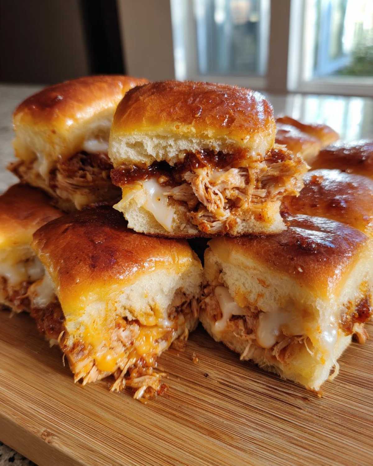 Close-up of several gooey bbq chicken sliders stacked on a wooden board, showing shredded chicken and melted cheese.