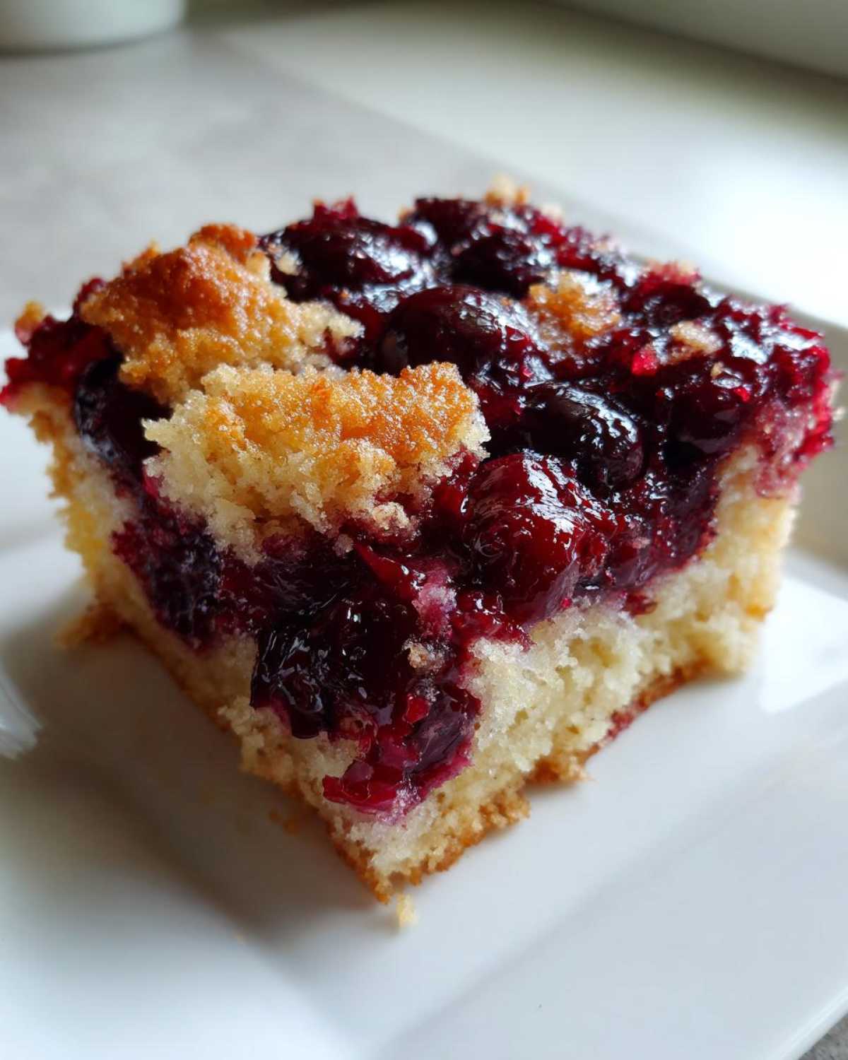 Close-up of a square slice of gooey cherry dump cake showing the bright red fruit topping over a golden cake base.