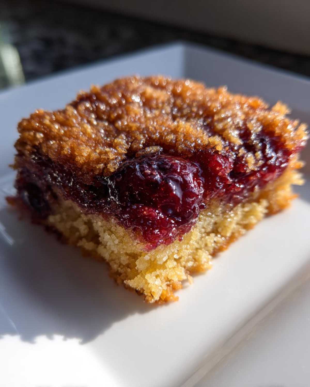 Close-up of a square slice of gooey cherry dump cake showing the moist yellow cake base and rich cherry topping.