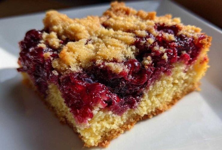 Close-up of a gooey slice of cherry dump cake showing the bright red cherry filling and crumb topping.