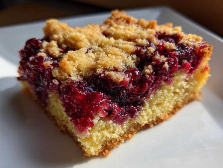 Close-up of a gooey slice of cherry dump cake showing the bright red cherry filling and crumb topping.
