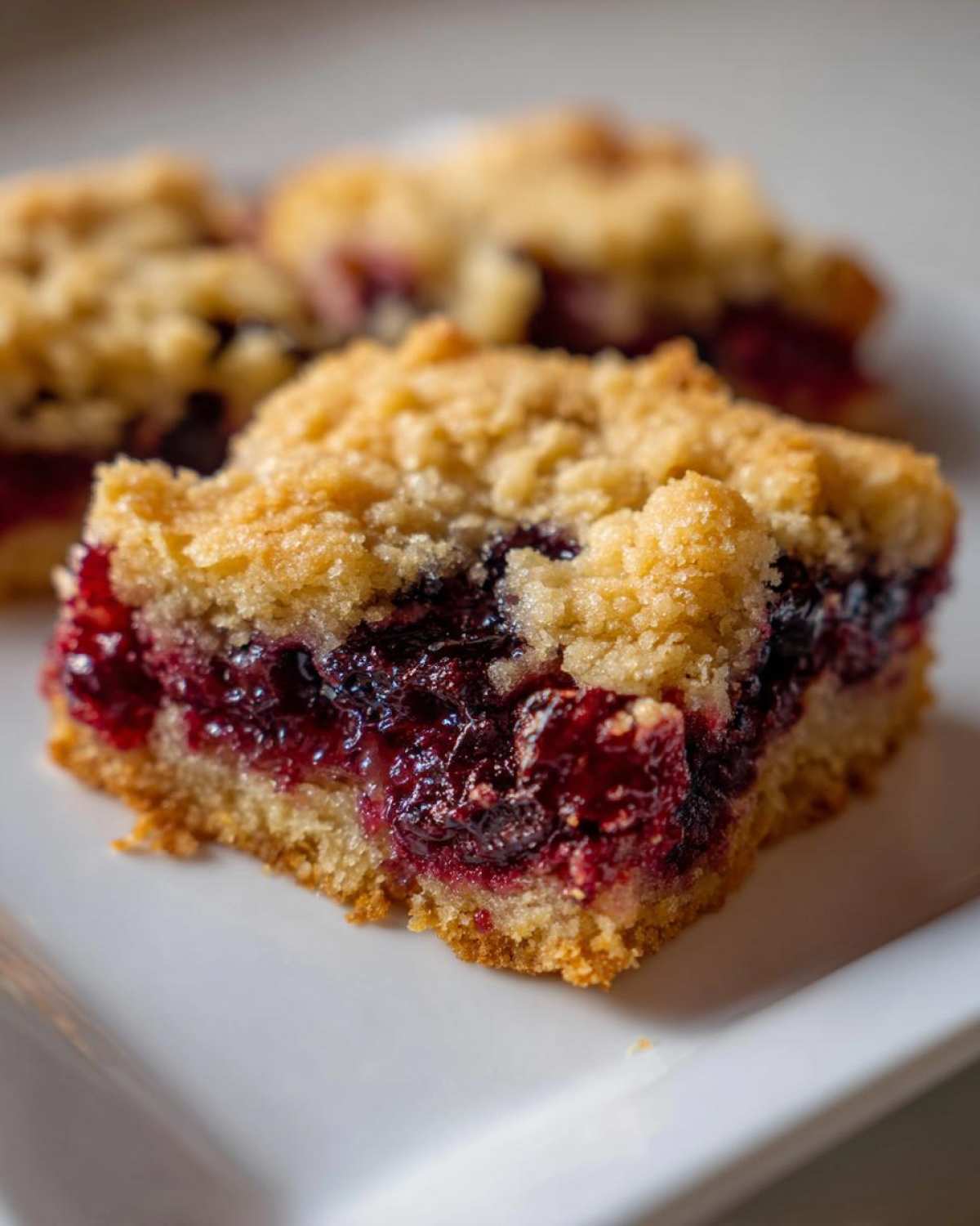 Close-up of a square serving of gooey cherry dump cake with a crumbly topping on a white plate.