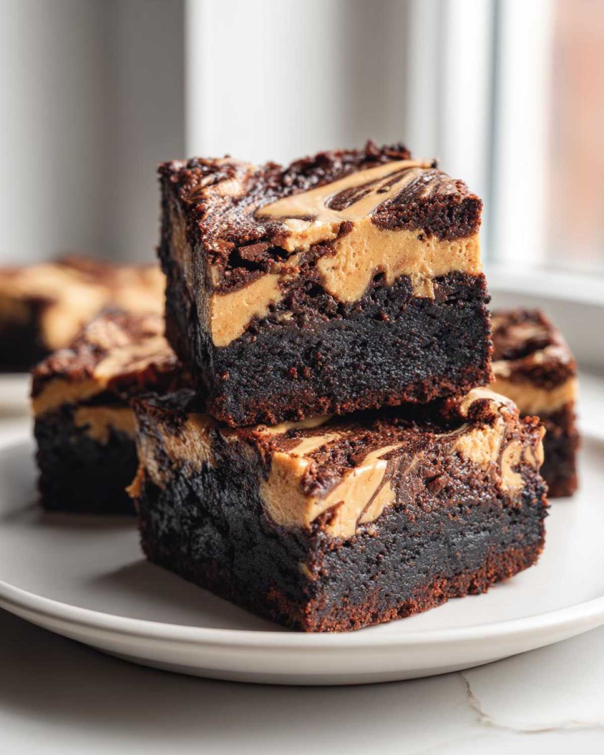Two thick, gooey peanut butter swirl brownies stacked on a white plate, showing rich chocolate layers.