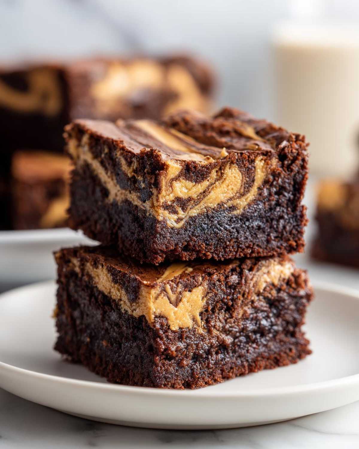 Two gooey peanut butter swirl brownies stacked on a white plate, showing rich chocolate texture.