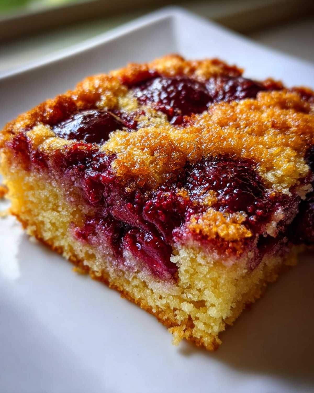 Close-up of a moist slice of cherry dump cake showing the golden crust and rich red cherry filling.
