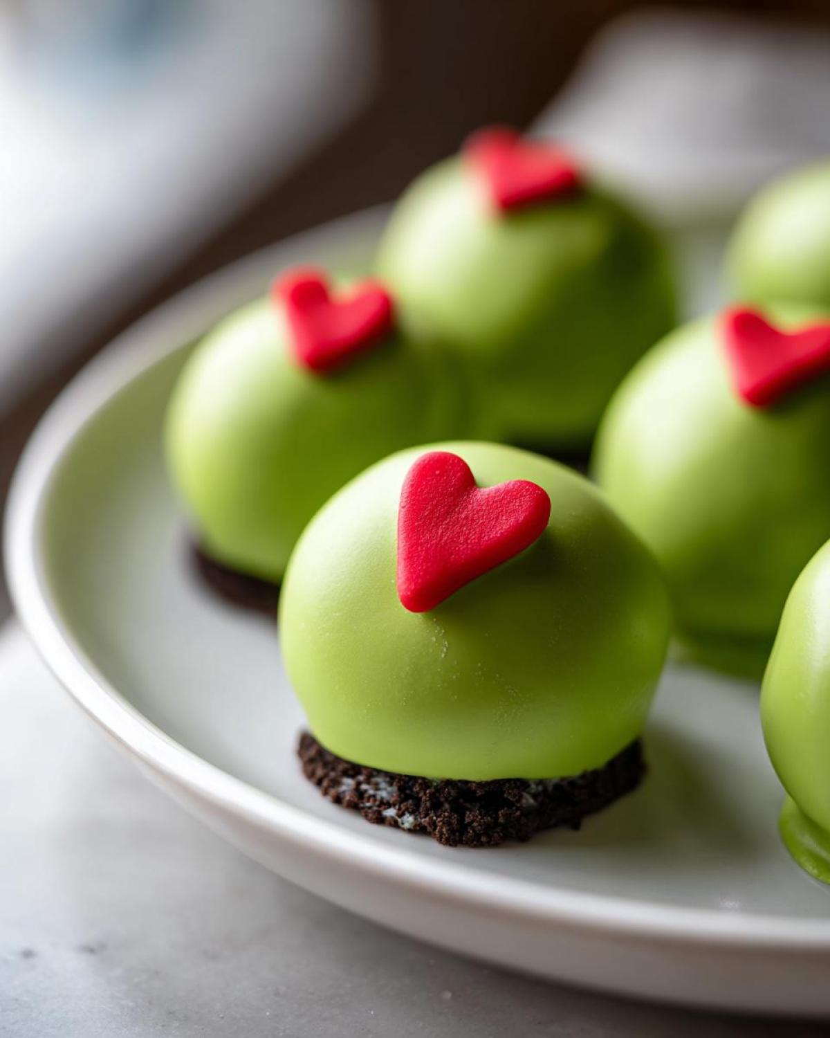 Several bright green Grinch Oreo Balls topped with small red hearts, resting on a white plate.