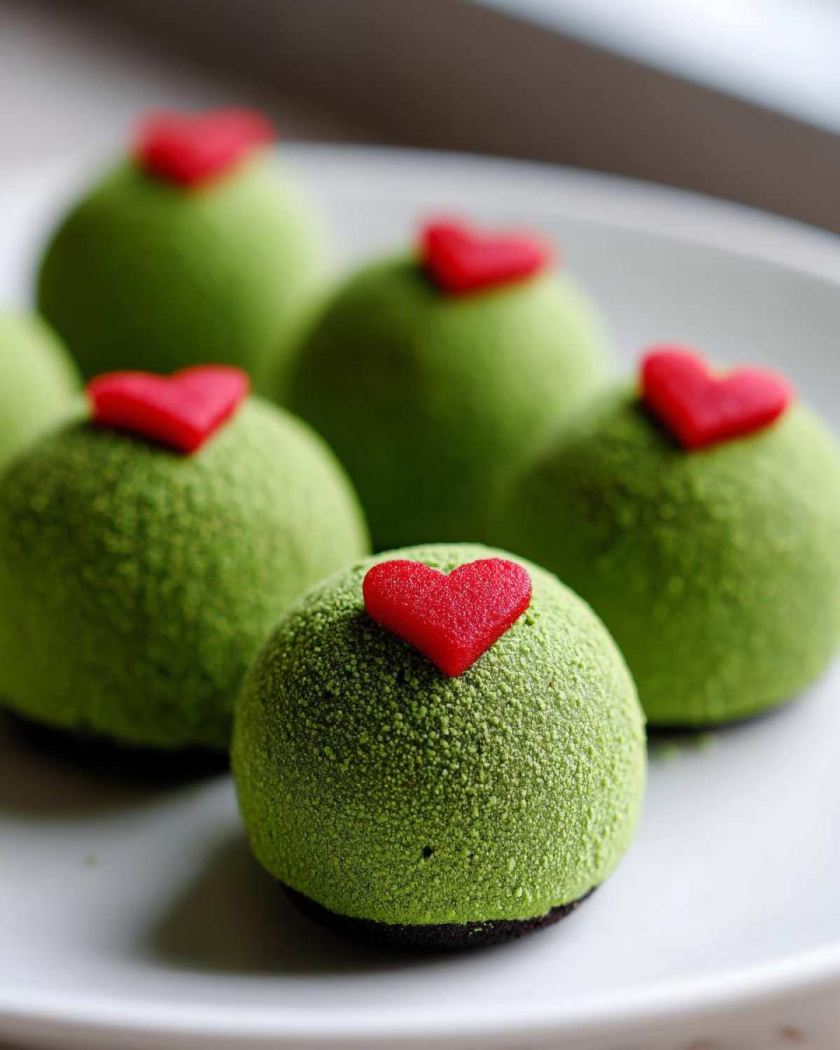 Several bright green, velvety Grinch Oreo balls topped with small red candy hearts arranged on a white plate.