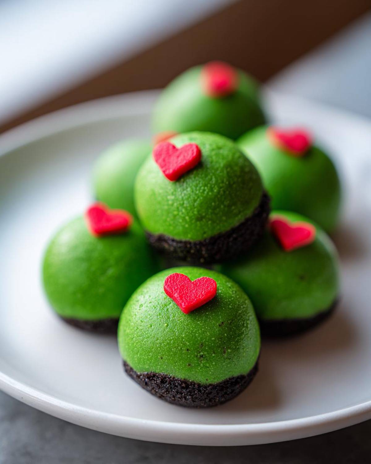 A pile of bright green Grinch Oreo balls, each topped with a small red heart candy, sitting on a white plate.