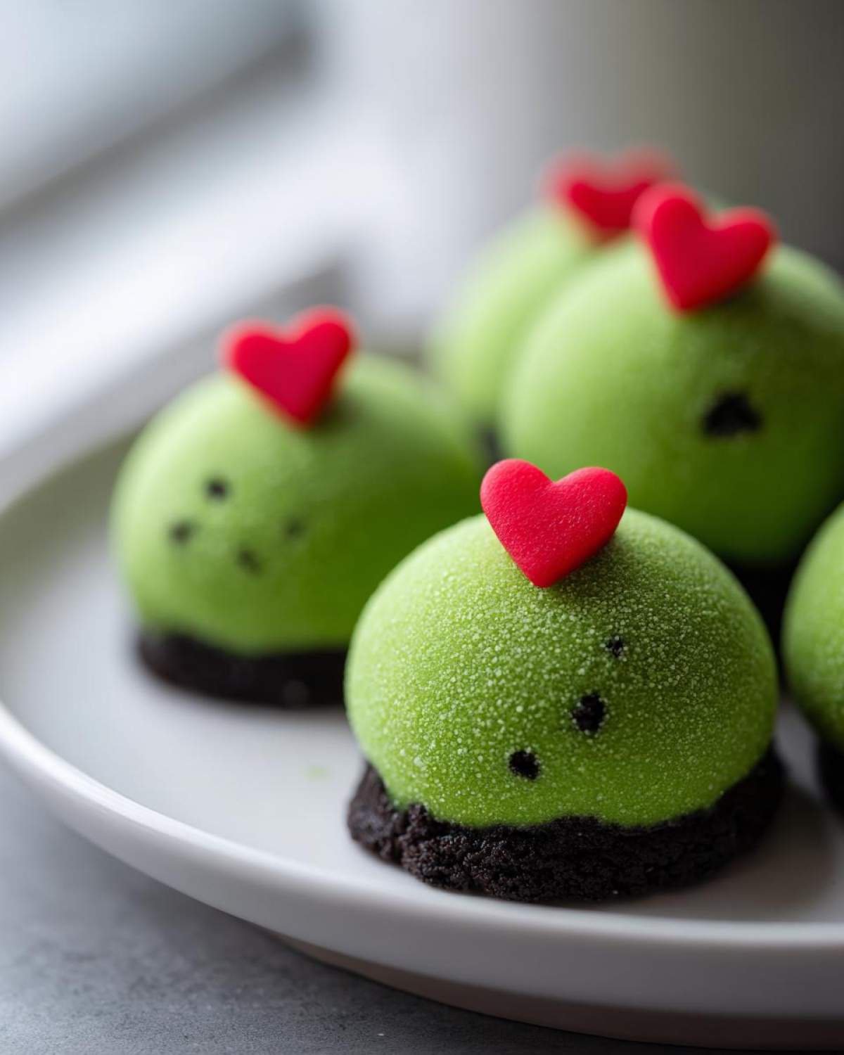 Several bright green Grinch Oreo Balls topped with small red hearts resting on a white plate.