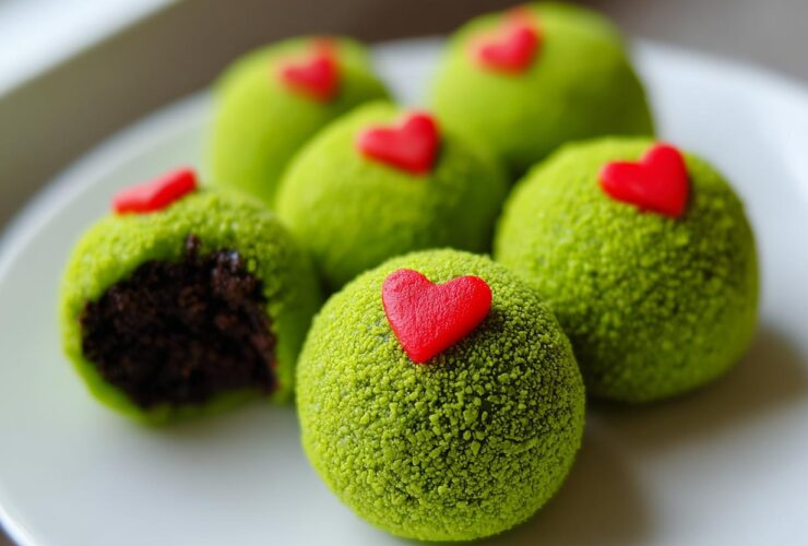 A plate featuring several bright green Grinch Oreo Balls, one of which is broken open showing the dark chocolate interior, topped with small red hearts.