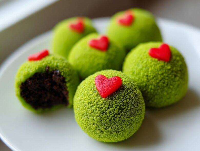 A plate featuring several bright green Grinch Oreo Balls, one of which is broken open showing the dark chocolate interior, topped with small red hearts.