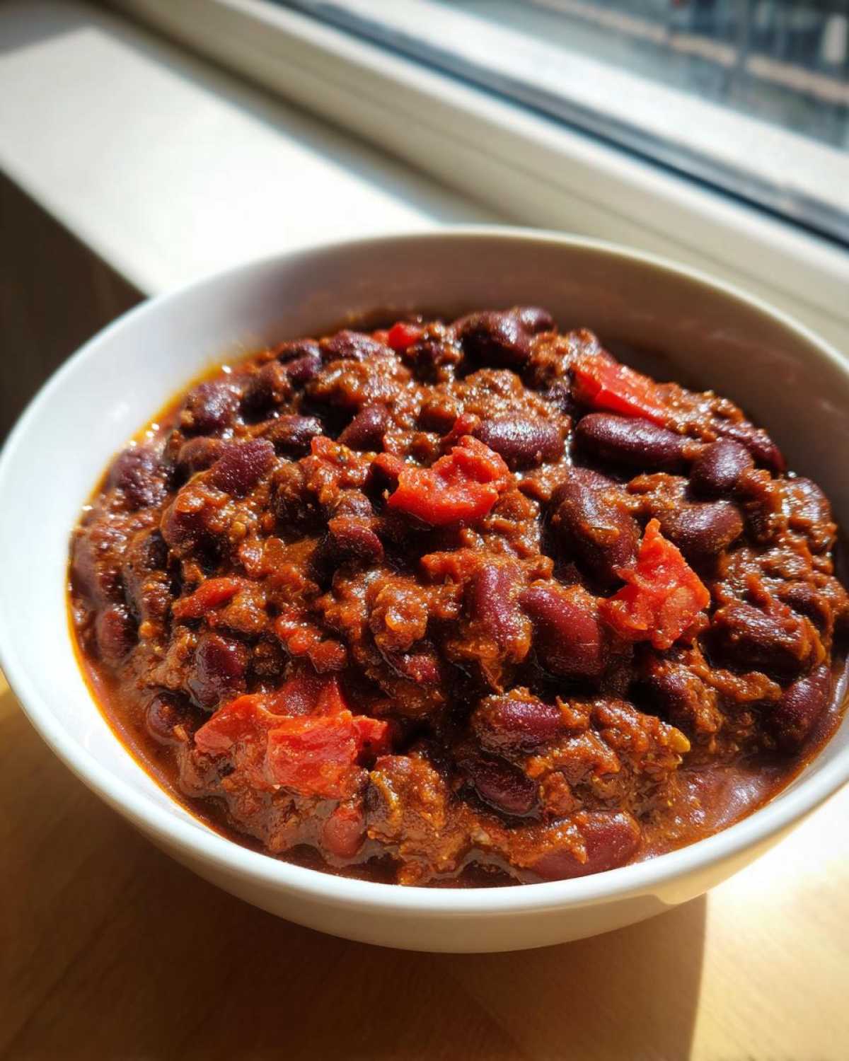 Close-up of a white bowl filled with rich, dark red black bean chili and chunks of tomato.