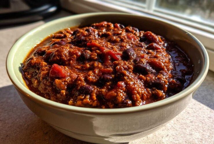 A close-up shot of a bowl filled with rich, thick black bean chili, illuminated by natural sunlight.