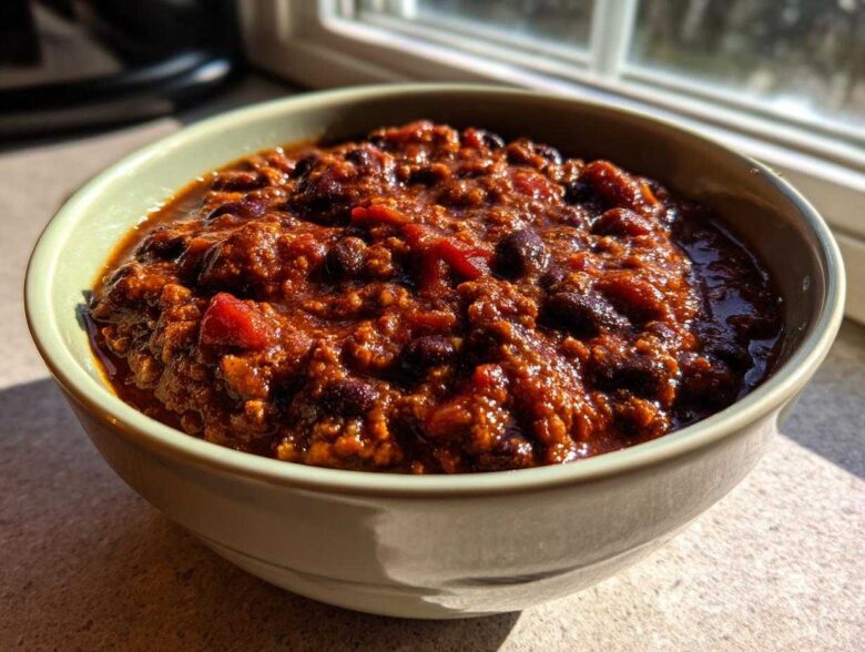 A close-up shot of a bowl filled with rich, thick black bean chili, illuminated by natural sunlight.