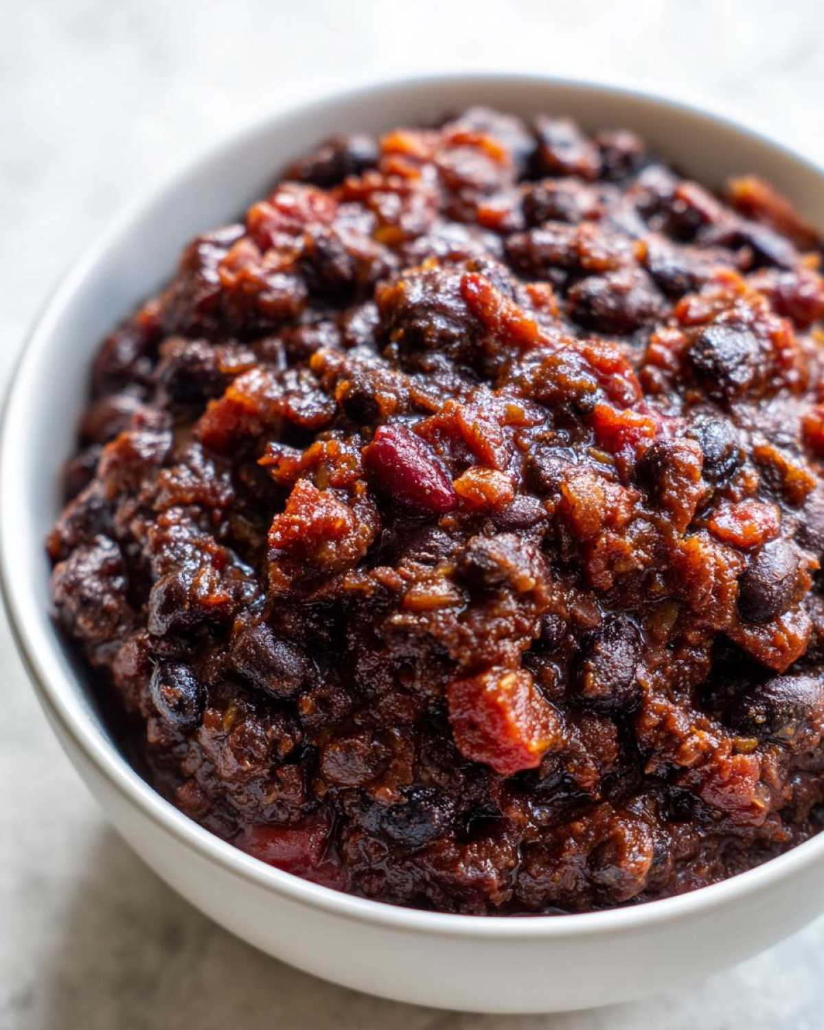 Close-up of rich, dark black bean chili with visible tomato chunks served in a white bowl.