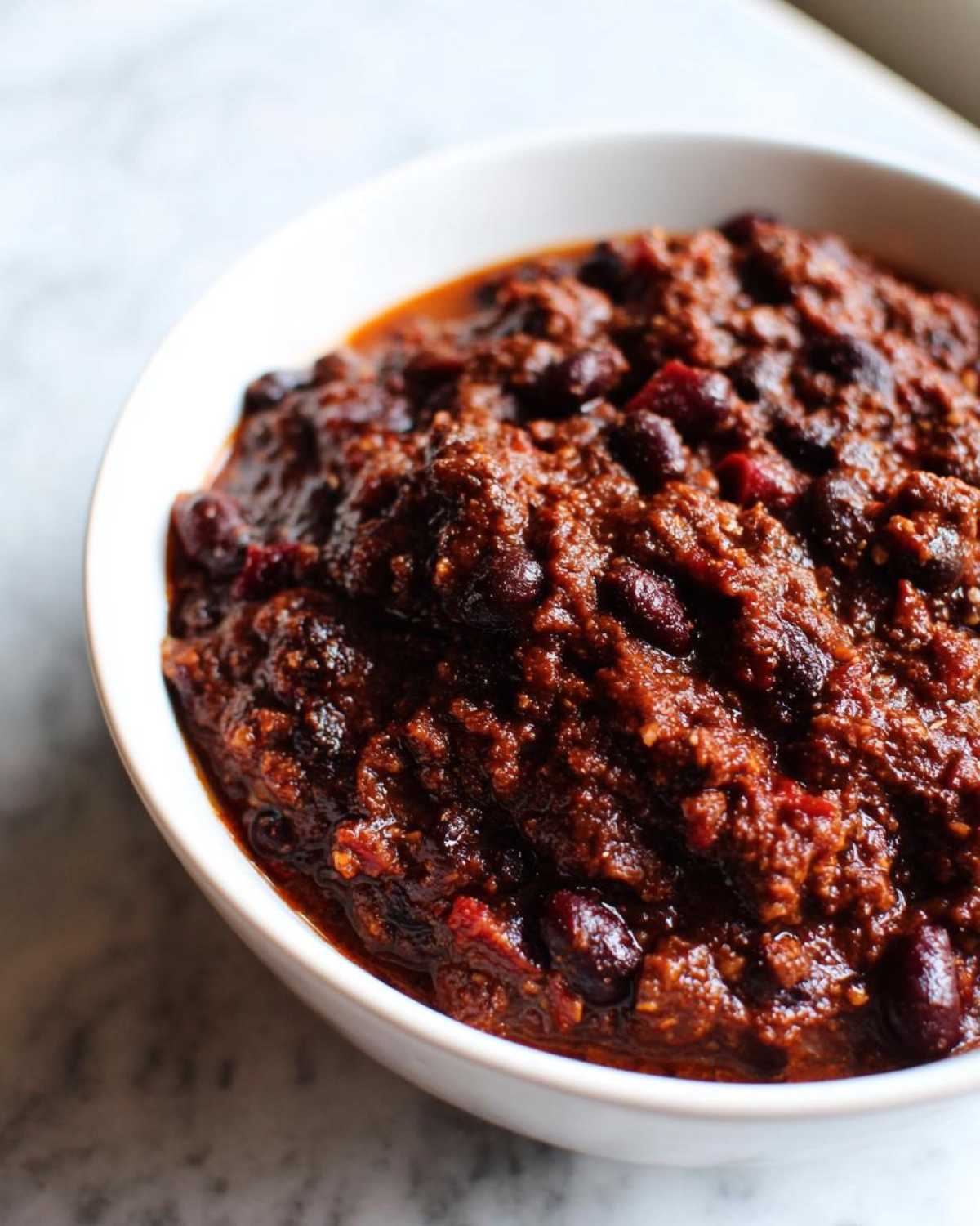 Close-up of rich, thick black bean chili served in a white bowl.