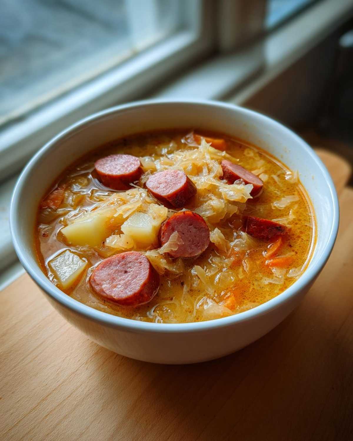 Close-up of a white bowl filled with rich sauerkraut soup, featuring chunks of potato and sliced smoked sausage.