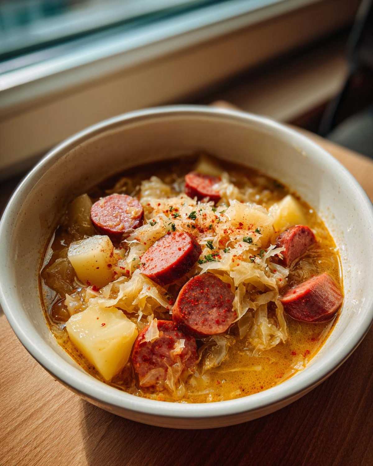 Close-up of a bowl of rich sauerkraut soup filled with sliced sausage, potato chunks, and garnished with spices.
