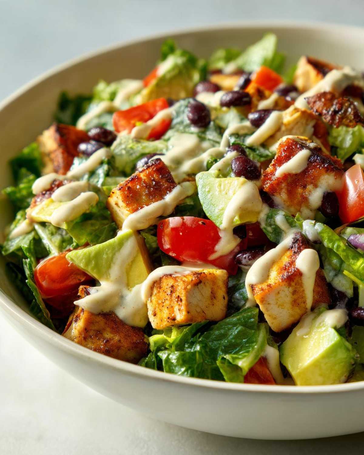 Close-up of a vibrant southwest salad featuring seasoned chicken, avocado, tomatoes, black beans, and a creamy drizzle.