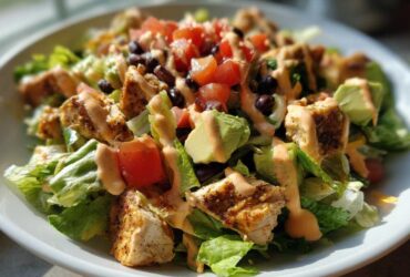 Close-up of a vibrant southwest salad featuring grilled chicken, avocado, black beans, tomatoes, and creamy dressing.