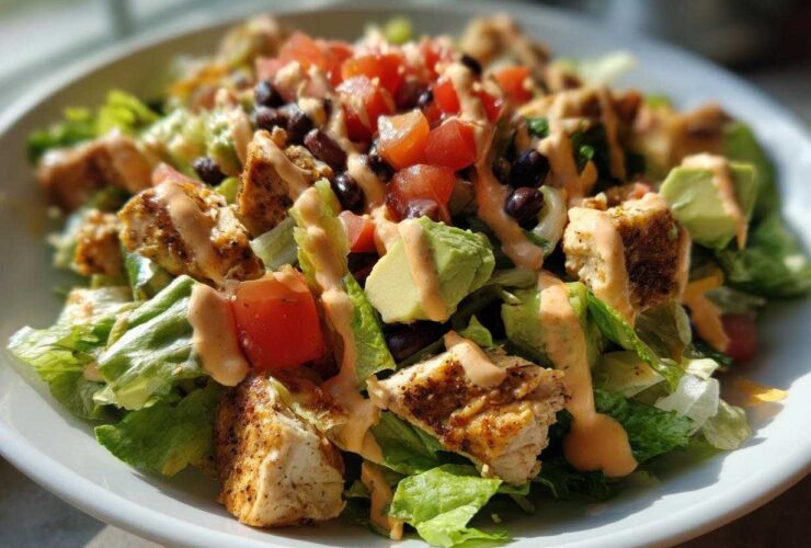 Close-up of a vibrant southwest salad featuring grilled chicken, avocado, black beans, tomatoes, and creamy dressing.