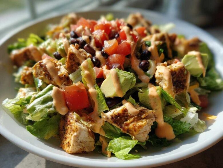 Close-up of a vibrant southwest salad featuring grilled chicken, avocado, black beans, tomatoes, and creamy dressing.