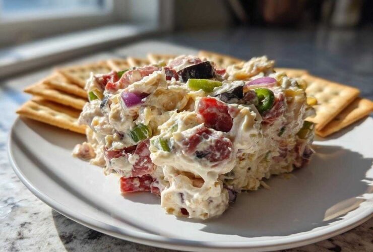 A scoop of creamy hoagie dip loaded with colorful vegetables and served with crackers on a white plate.
