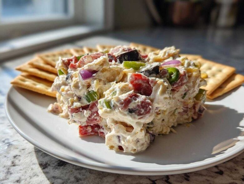 A scoop of creamy hoagie dip loaded with colorful vegetables and served with crackers on a white plate.