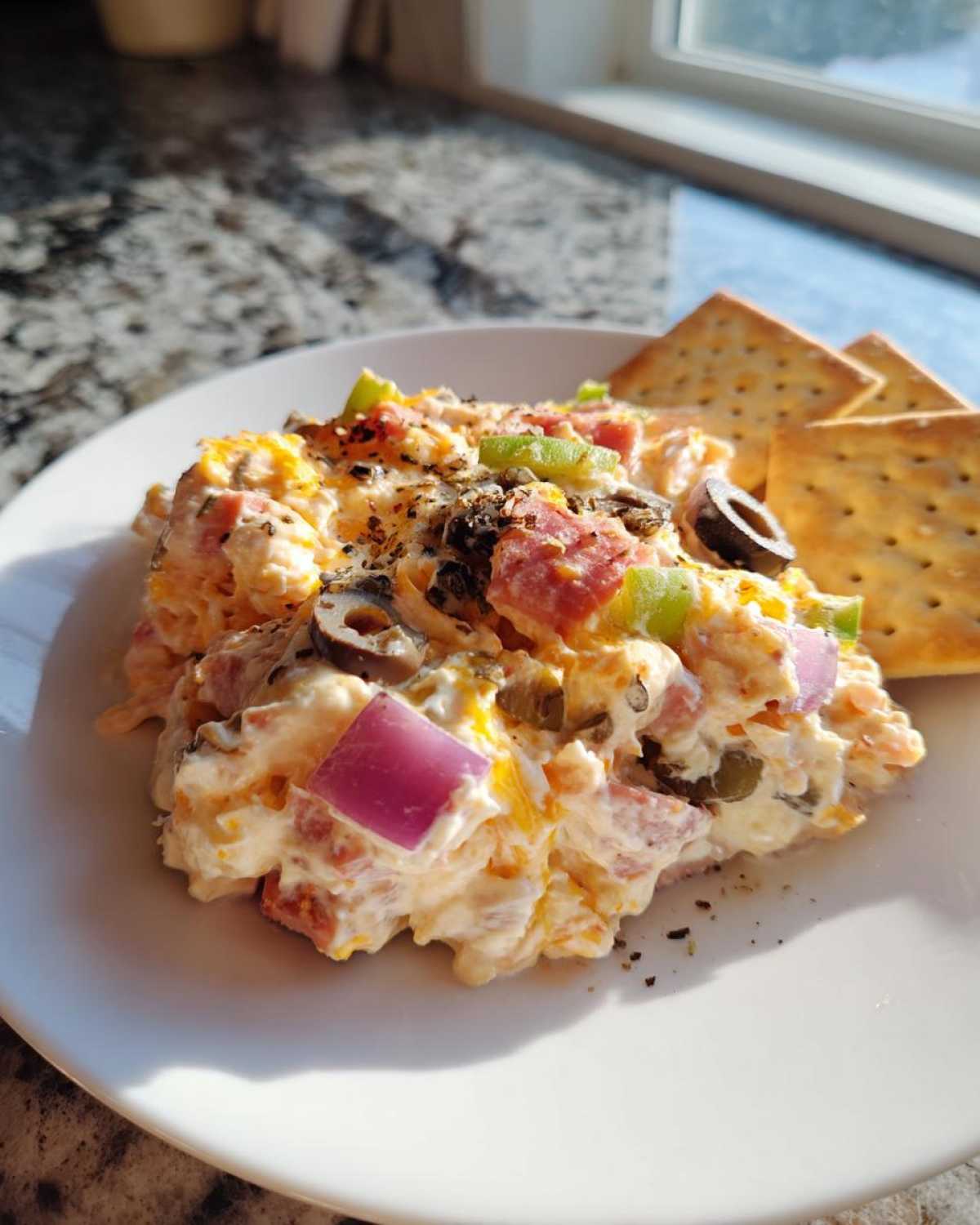 A serving of creamy hoagie dip topped with red onion, olives, and peppers, served with crackers on a white plate.