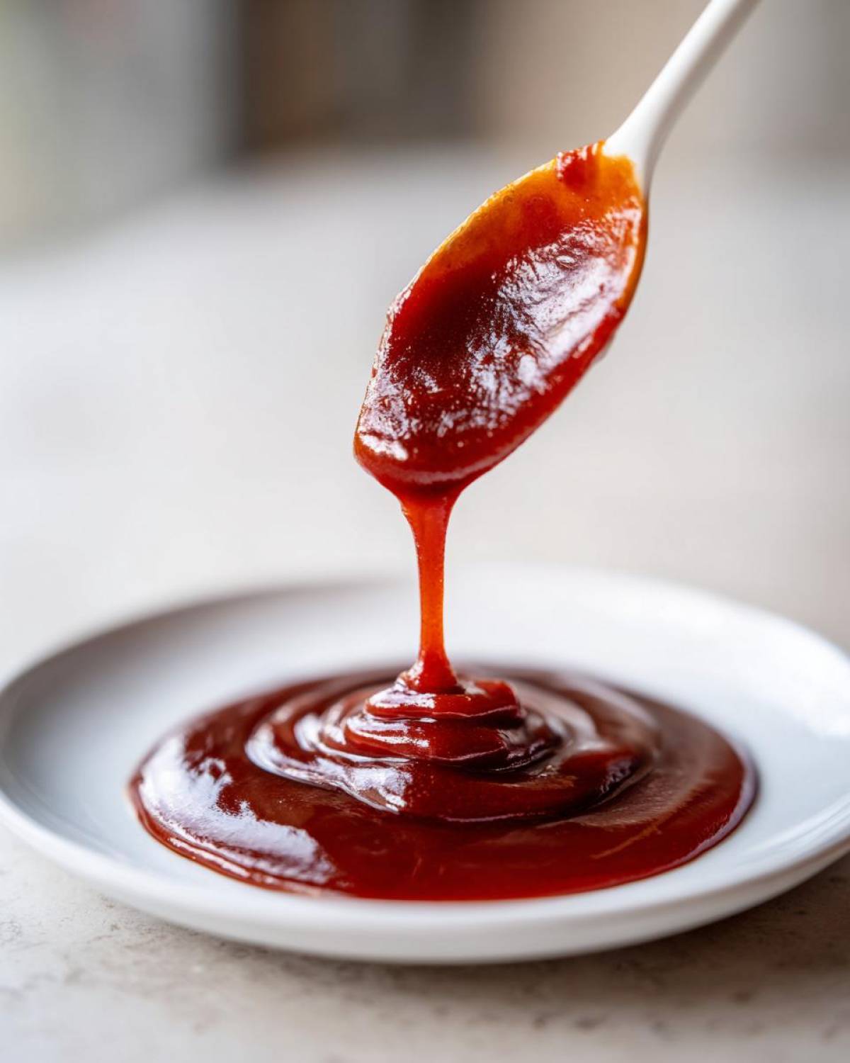 A white spoon drips thick, rich homemade bbq sauce onto a white plate, creating a swirl.