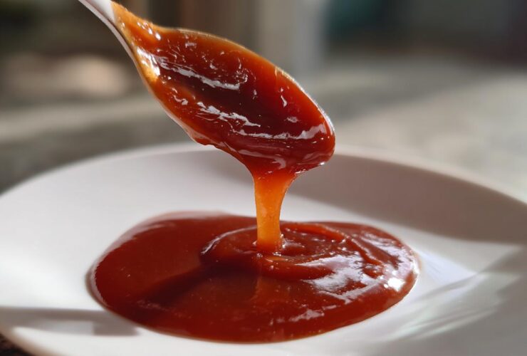 Close-up of thick, rich homemade bbq sauce being drizzled from a white spoon onto a white plate.