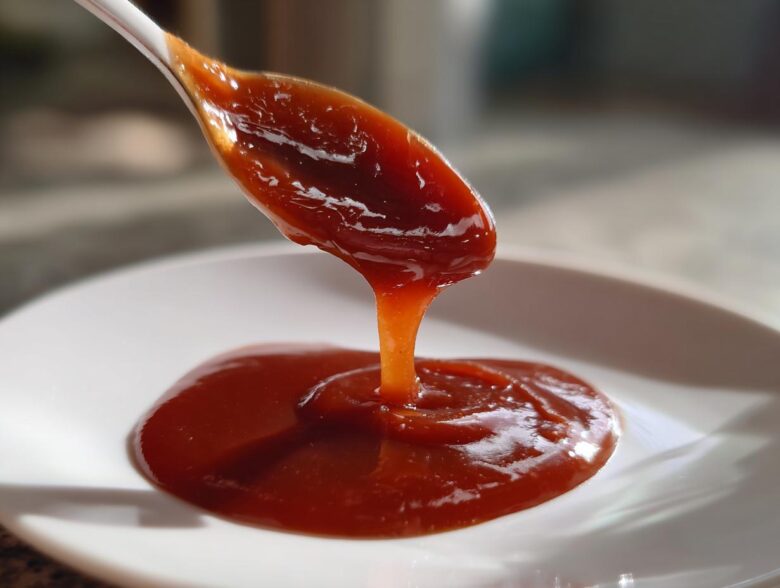 Close-up of thick, rich homemade bbq sauce being drizzled from a white spoon onto a white plate.