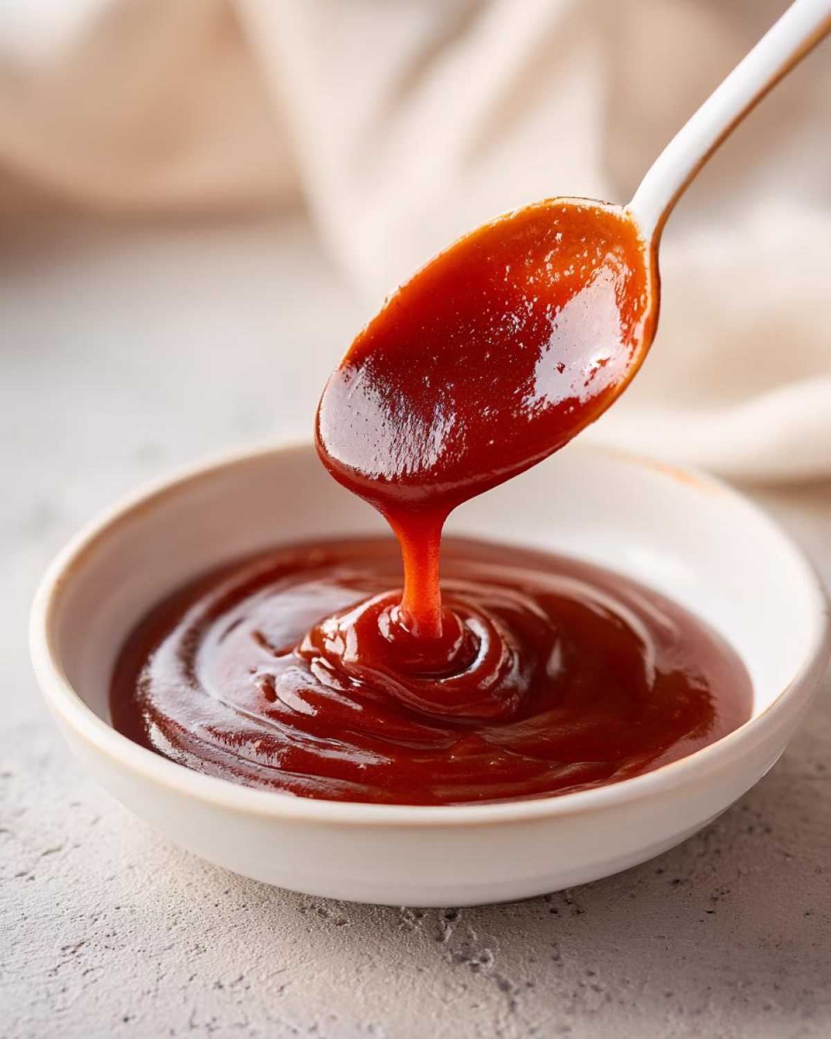 Close-up of thick, glossy homemade bbq sauce dripping from a white spoon back into a small white bowl.