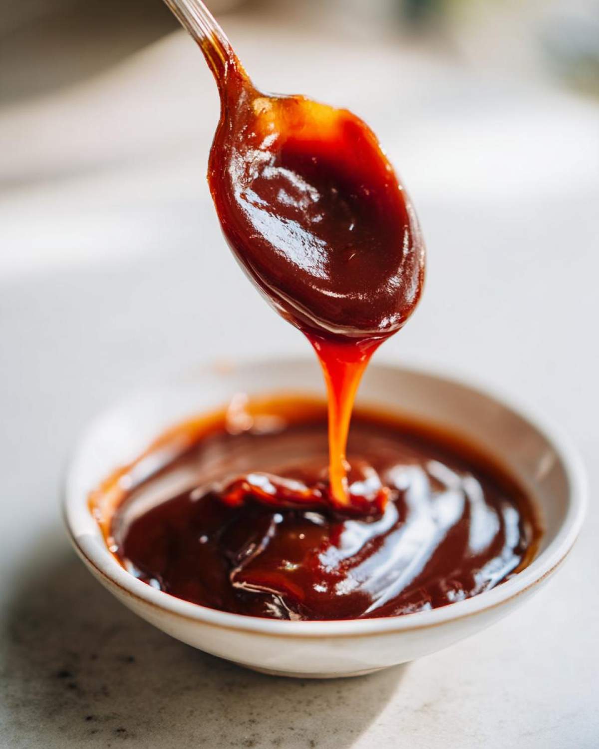 A spoonful of thick, glossy homemade bbq sauce dripping back into a small white bowl.