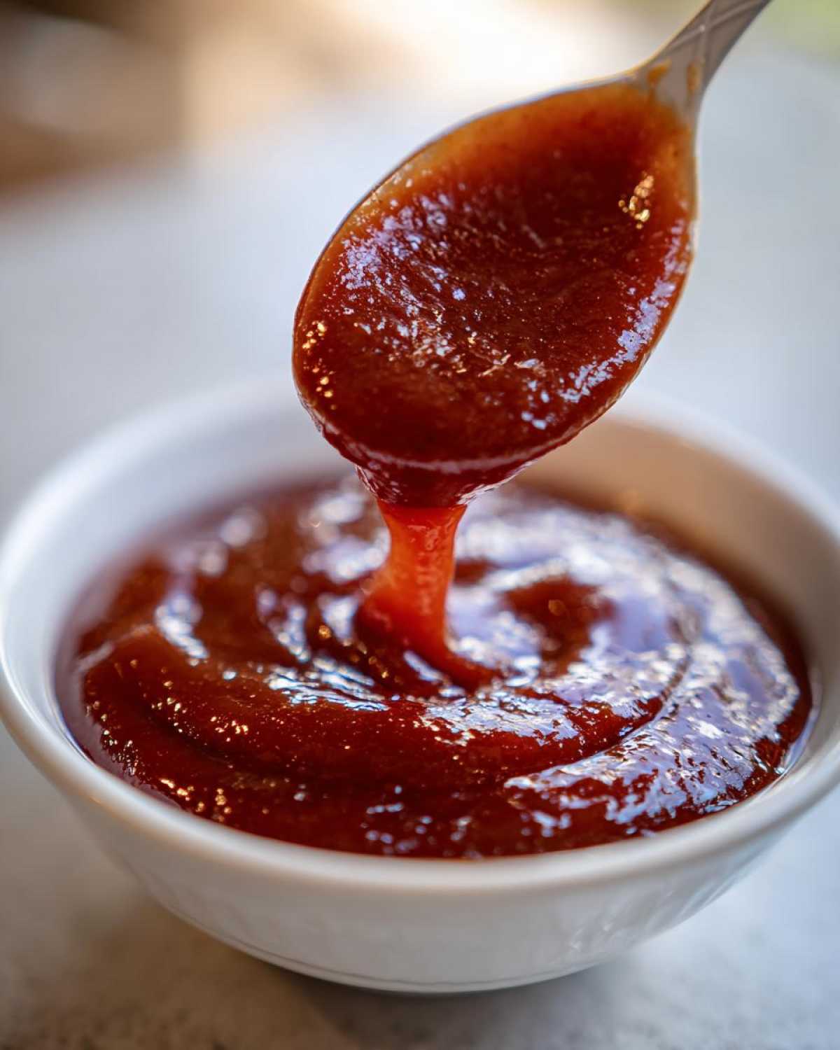 Close-up of thick, rich homemade bbq sauce dripping from a spoon back into a white bowl.